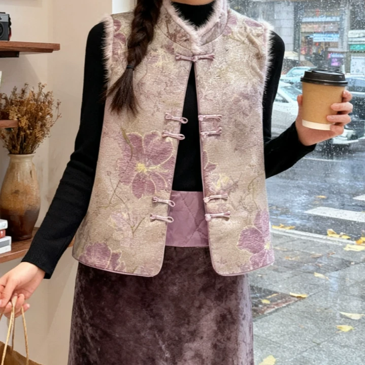 仙气紫色国风马甲女夹棉加厚秋冬外穿毛边减龄新中式背心外搭马甲