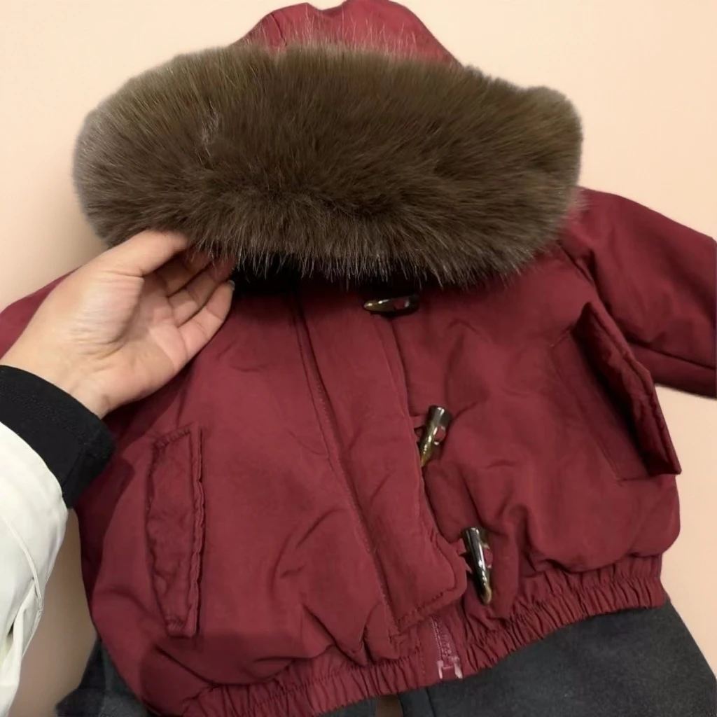 2025冬季新款中小童时尚百搭男童女童毛领连帽红色棉服