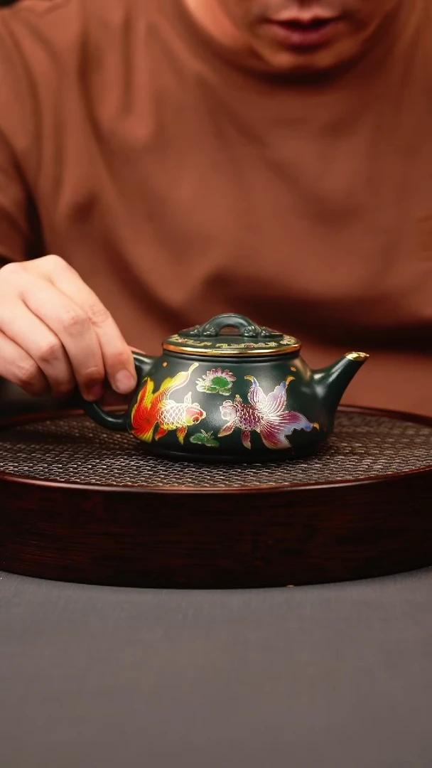 茶壶紫砂绿泥 剑流石瓢 锦鲤珐琅彩
