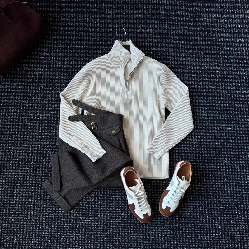 CssuGent秋冬季可翻高领绵羊毛混纺针织毛衣男半开领保暖线衫百搭