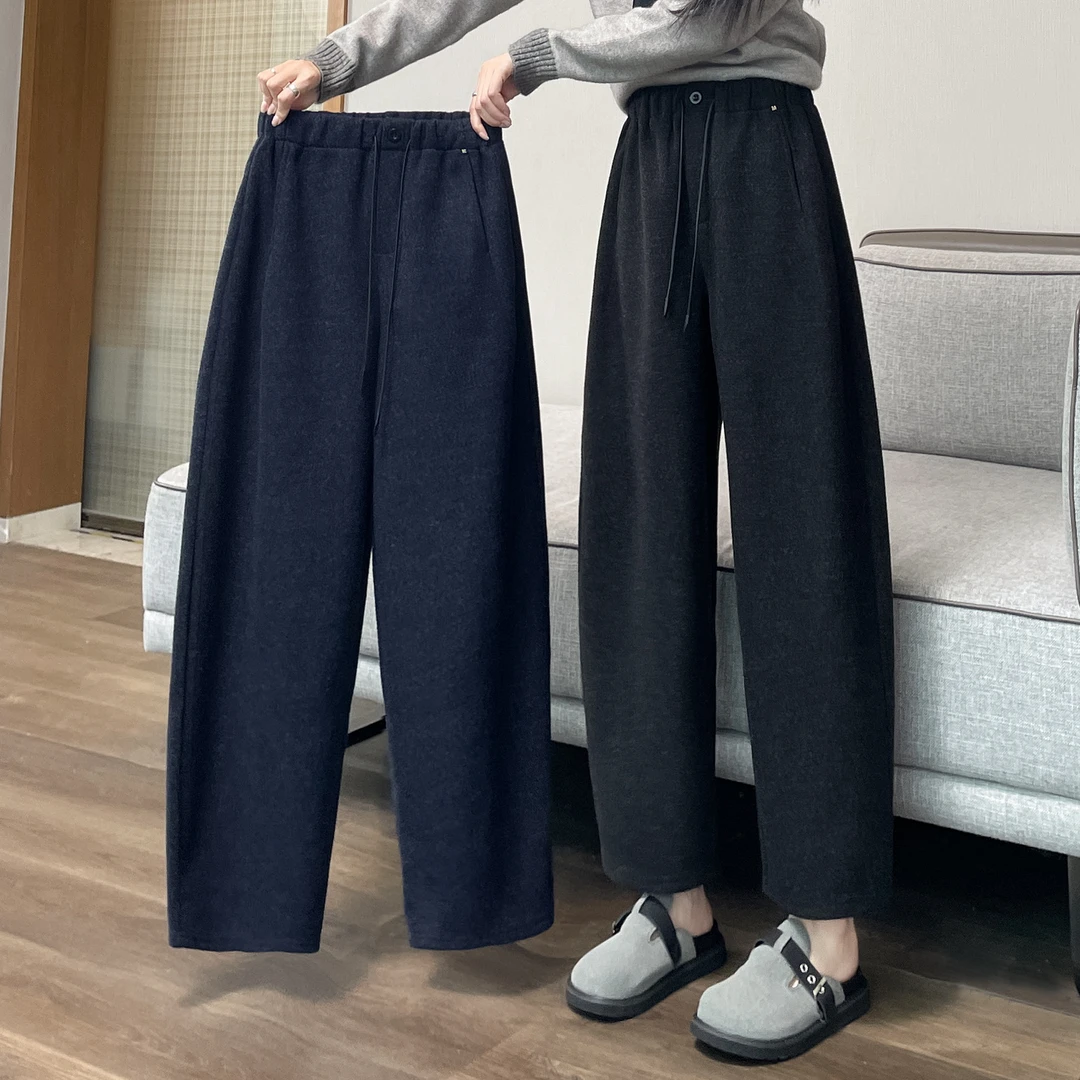 窄版阔腿直筒弯刀裤女秋冬加绒八分气球裤哈伦裤子毛呢加厚奶奶裤