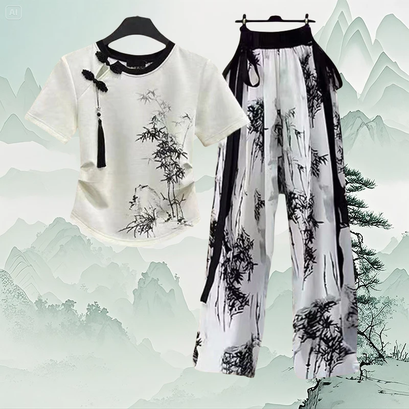 女童夏季短袖套装2025新款儿童时髦国风时尚中大童阔腿裤两件套潮