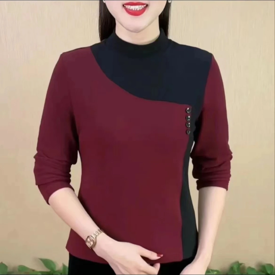 女式圆领拼接打底衫长袖时尚百搭半高领