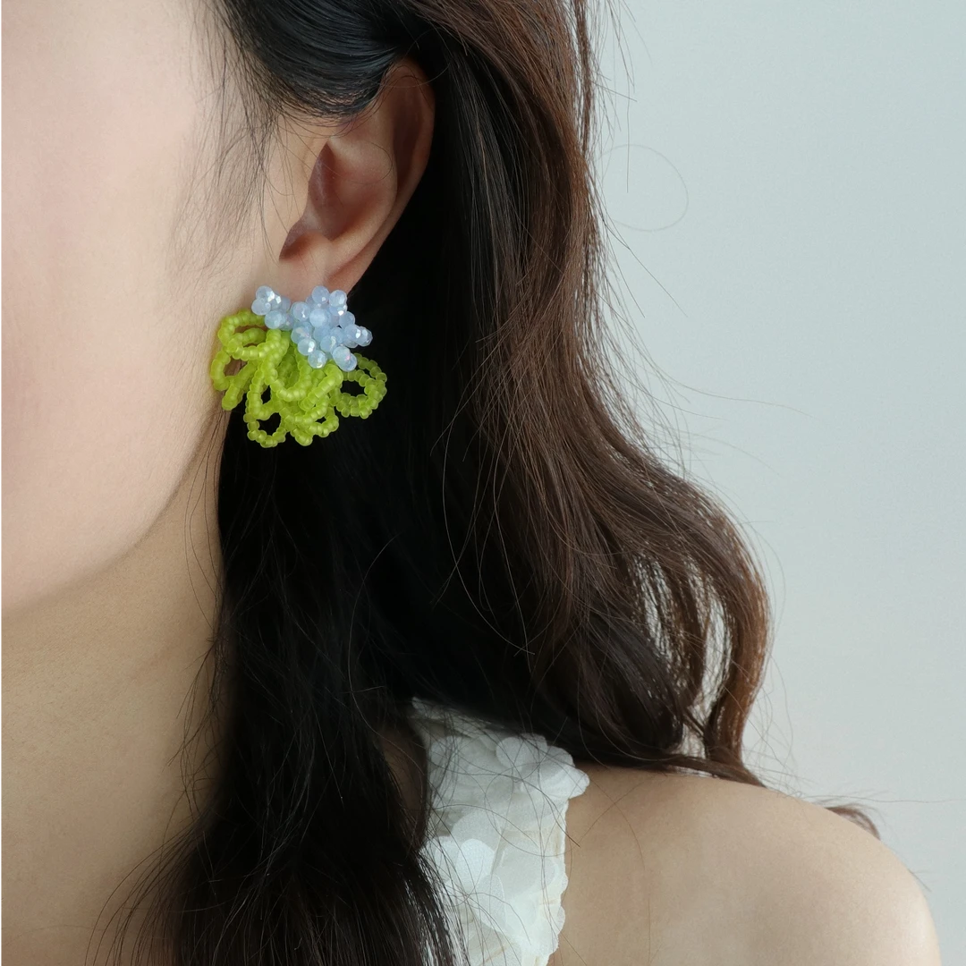 因缺斯汀饰品 铜合金耳饰 【青提】蓝绿撞色串珠流苏花朵耳环春夏