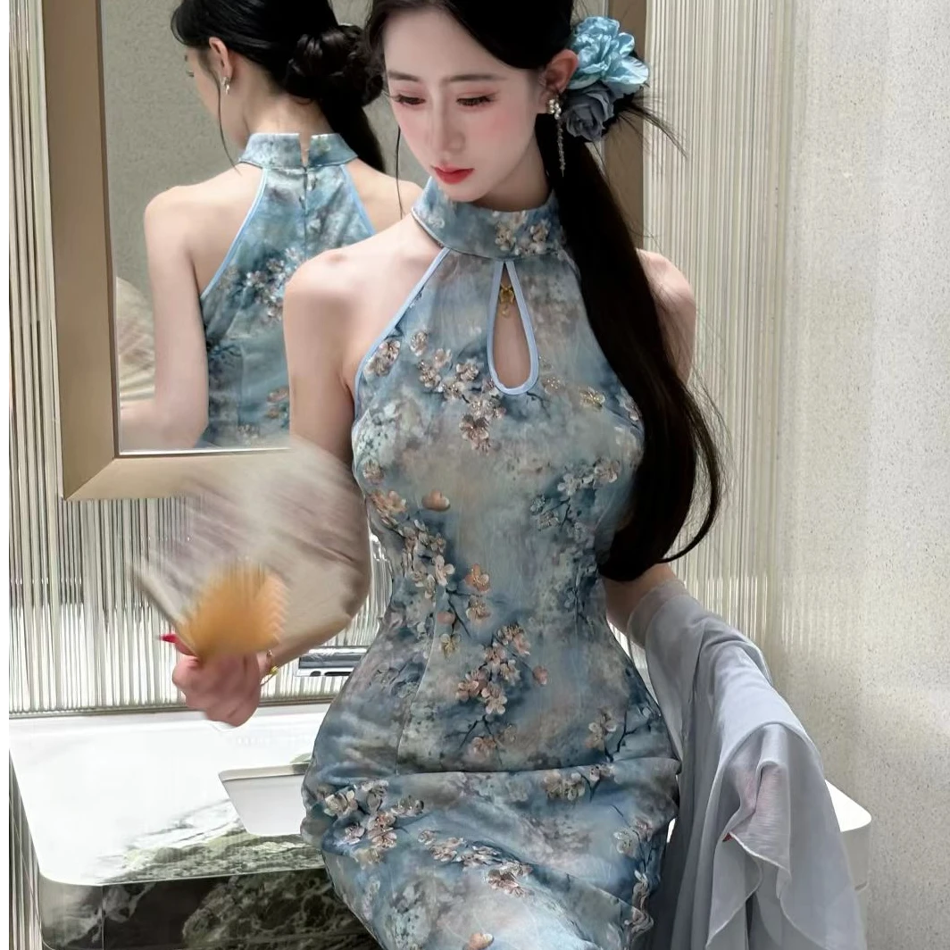 【蓝韵纤花】夏季新款挂脖修身显瘦日常百搭新中式中国风旗袍长120