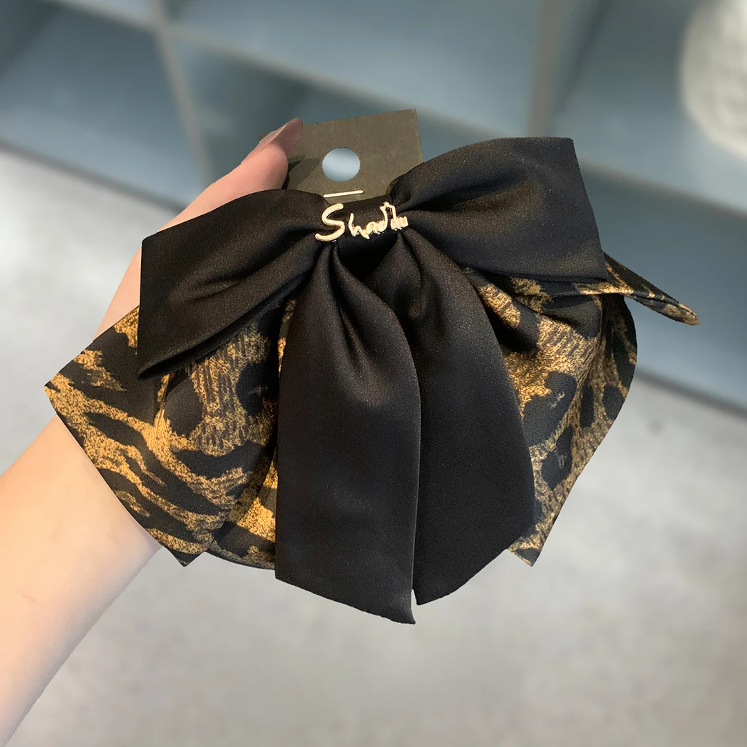 韩国复古时髦摩登优雅气质豹纹蝴蝶结字母马尾抓夹固定后脑勺顶夹