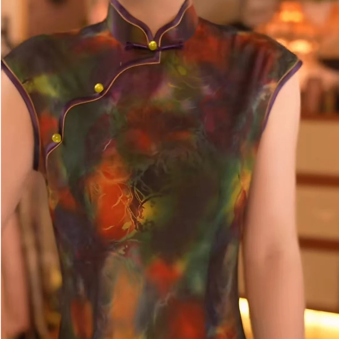 中长裙夏季日常中长款旗袍蕾丝绿色一字扣气质提花蓝色中式显瘦