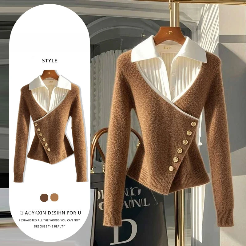 卡其色假两件翻领收腰毛衣女冬季慵懒风气质外搭修身显瘦针织上衣