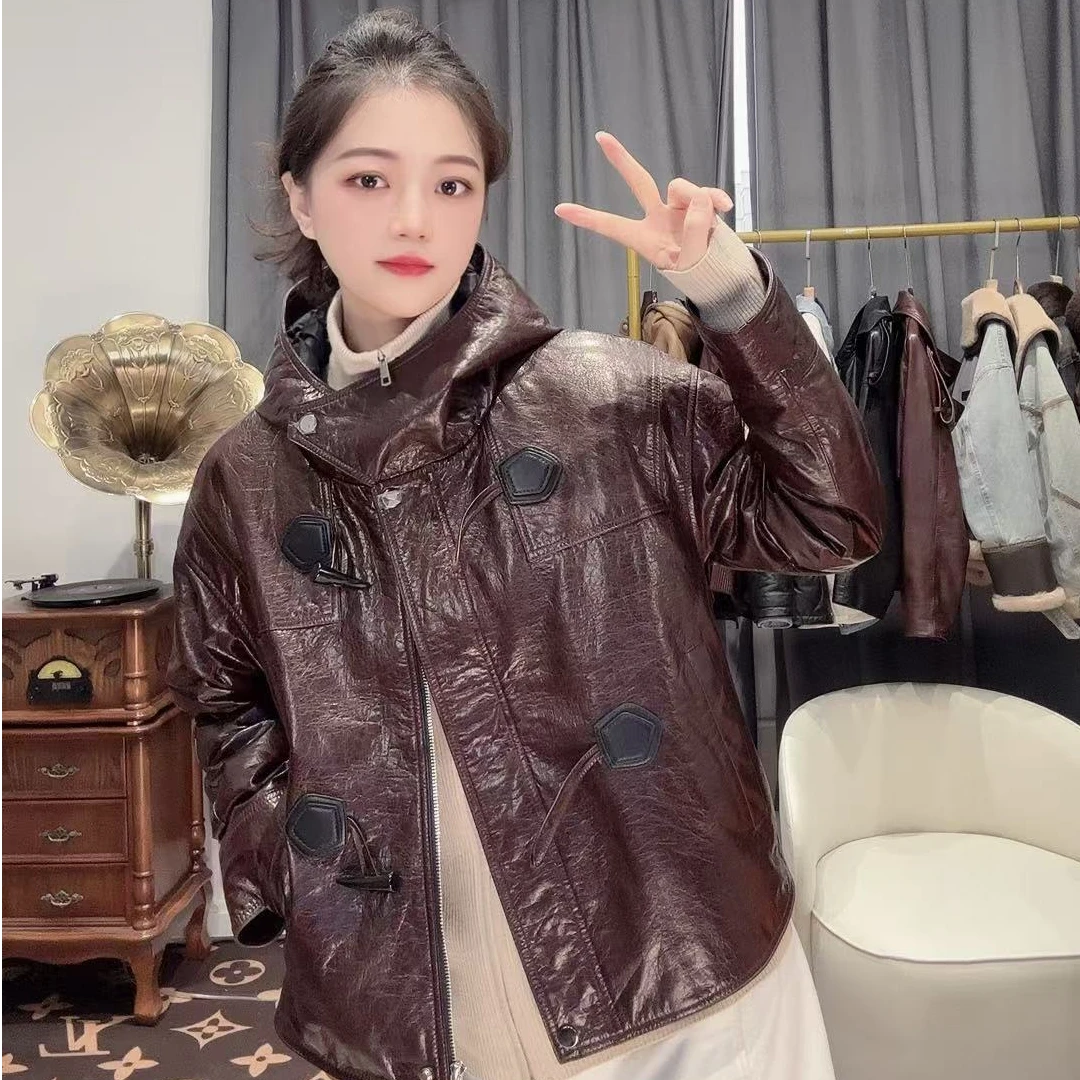 【72445】油蜡牛角扣牛皮短款加厚秋冬短外套