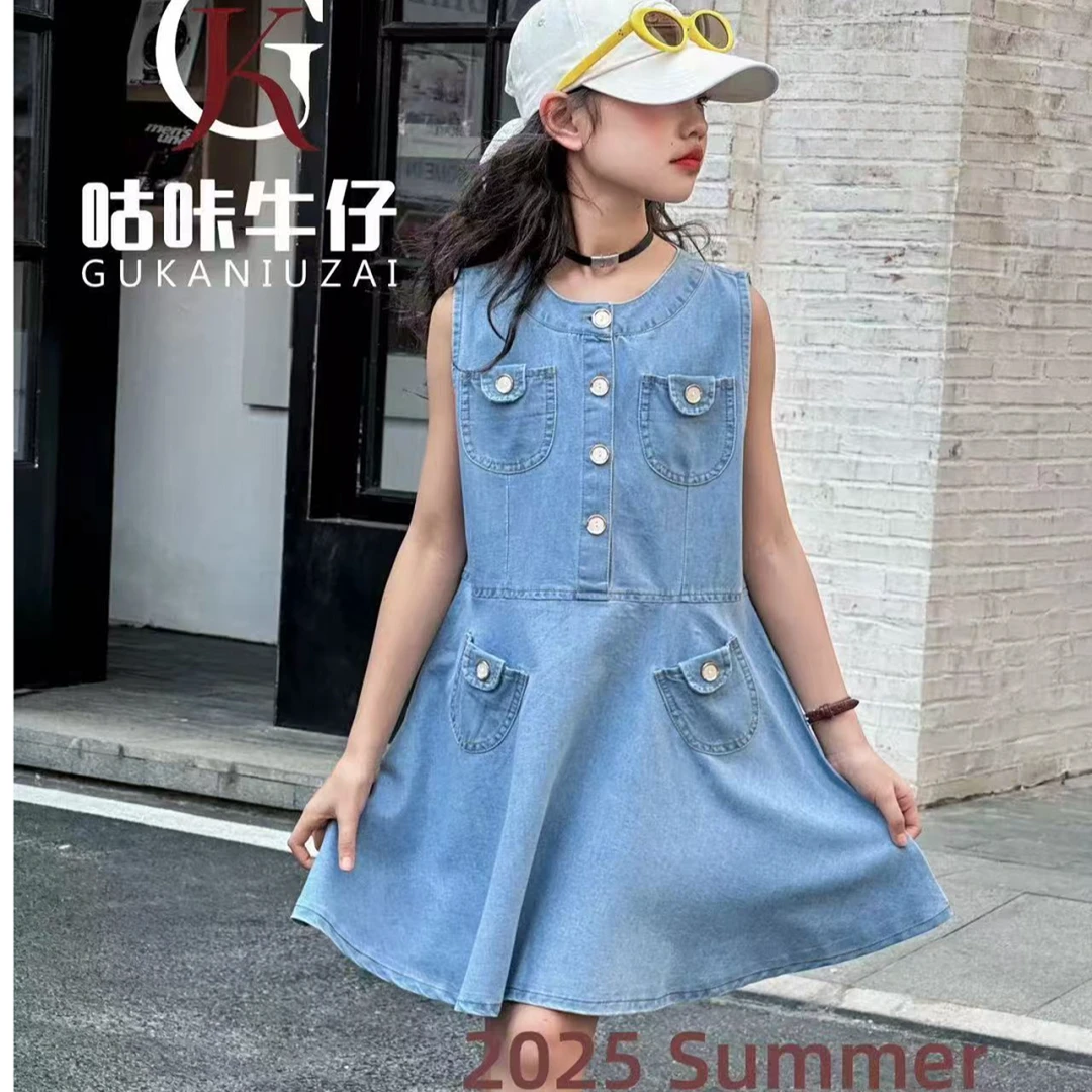 504480 韩版女童新款夏款时尚洋气百搭休闲口袋牛仔无袖连衣裙