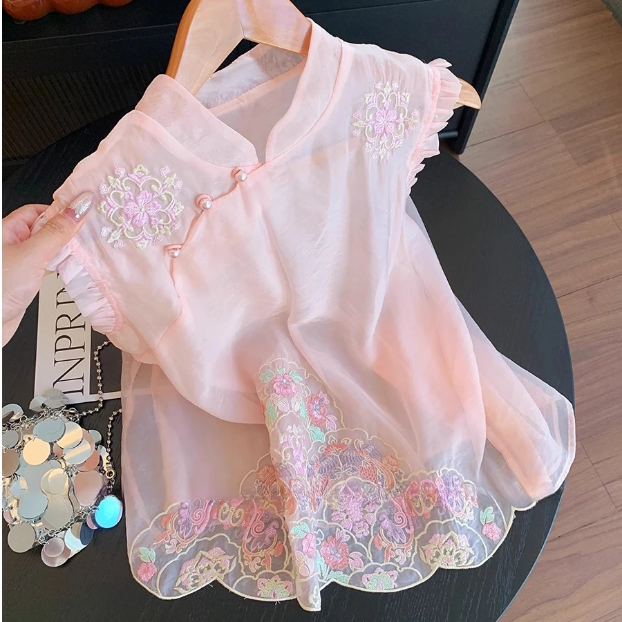 新中式粉色立领小飞袖印花衬衫女夏2025新款洋气减龄显瘦国风小衫