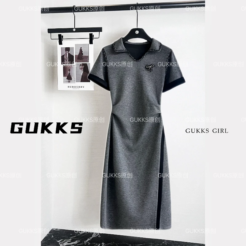 GUKKS/2025夏款原创设计蝴蝶结闪亮拼接精致翻领撞色连衣裙GK630