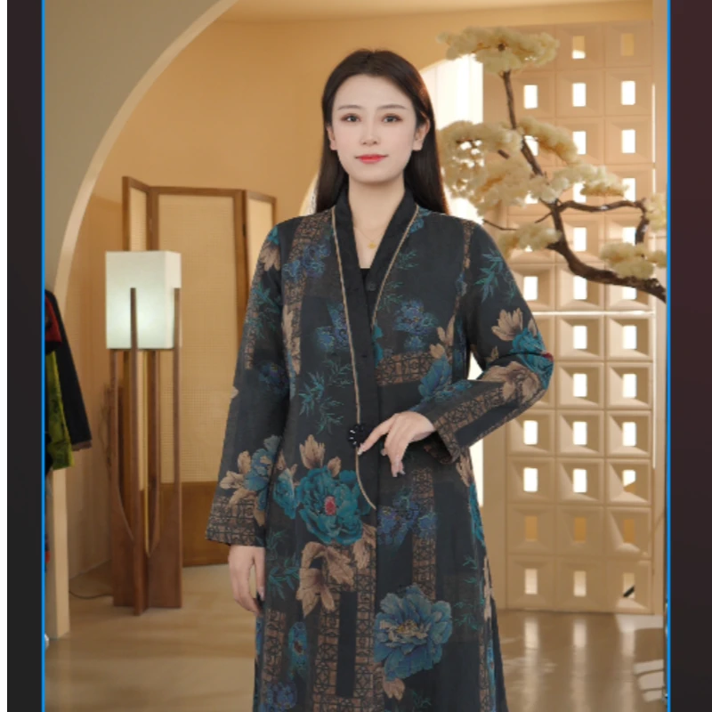 韦小宝23年秋冬新款气质复古印花中式香云纱棉袄2041112010