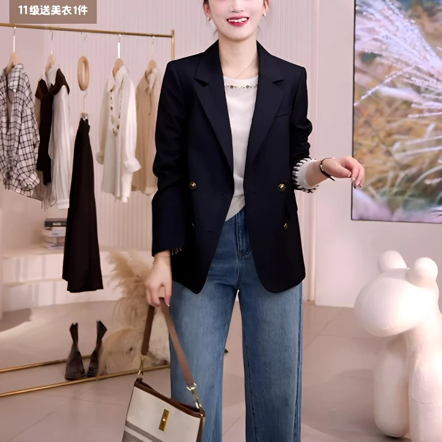 【向岛】2025秋季新款女装百搭上衣翻领撞色翻袖双排扣西装外套