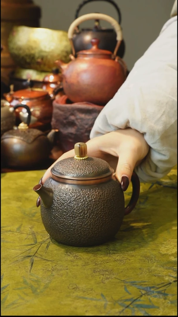 纯紫铜檀木柄泡茶壶