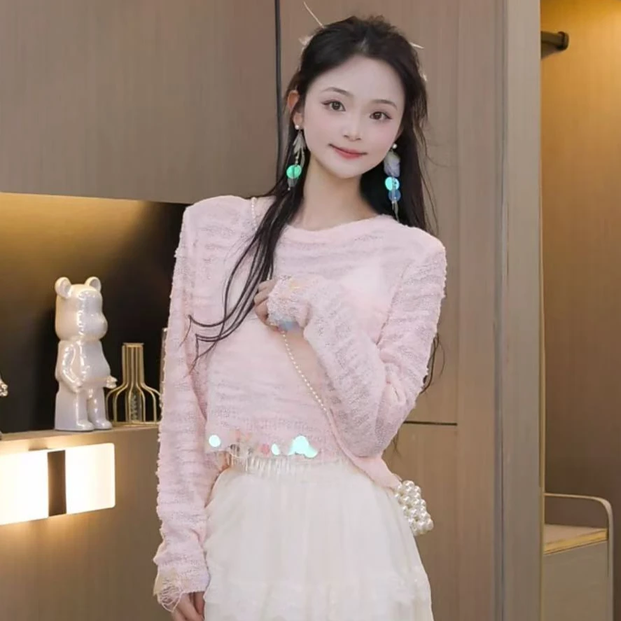 【秀宝女装】甜美风百搭元气亮片直筒针织衫XB4907