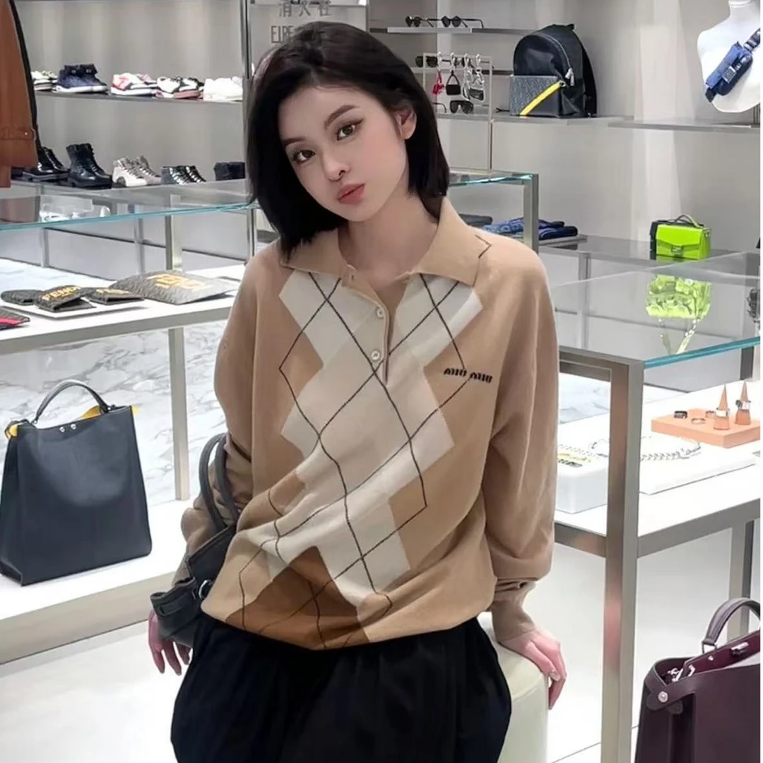 全新未使用 MIU MIU/缪缪 翻领针织长袖 卡其米/38