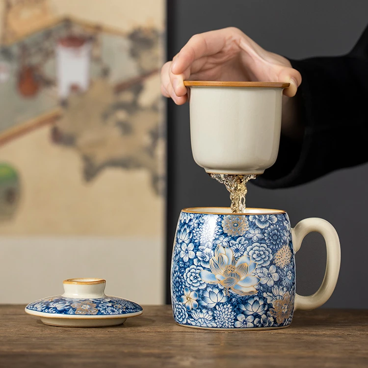 汝窑繁花茶水分离泡茶杯水杯家用个人专用办公室高档陶瓷马克杯