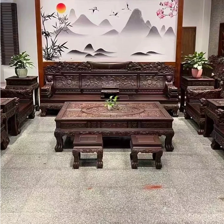 南美洲酸枝至尊麒麟百狮沙发十三件套设计雕花榫卯沙发别墅展厅