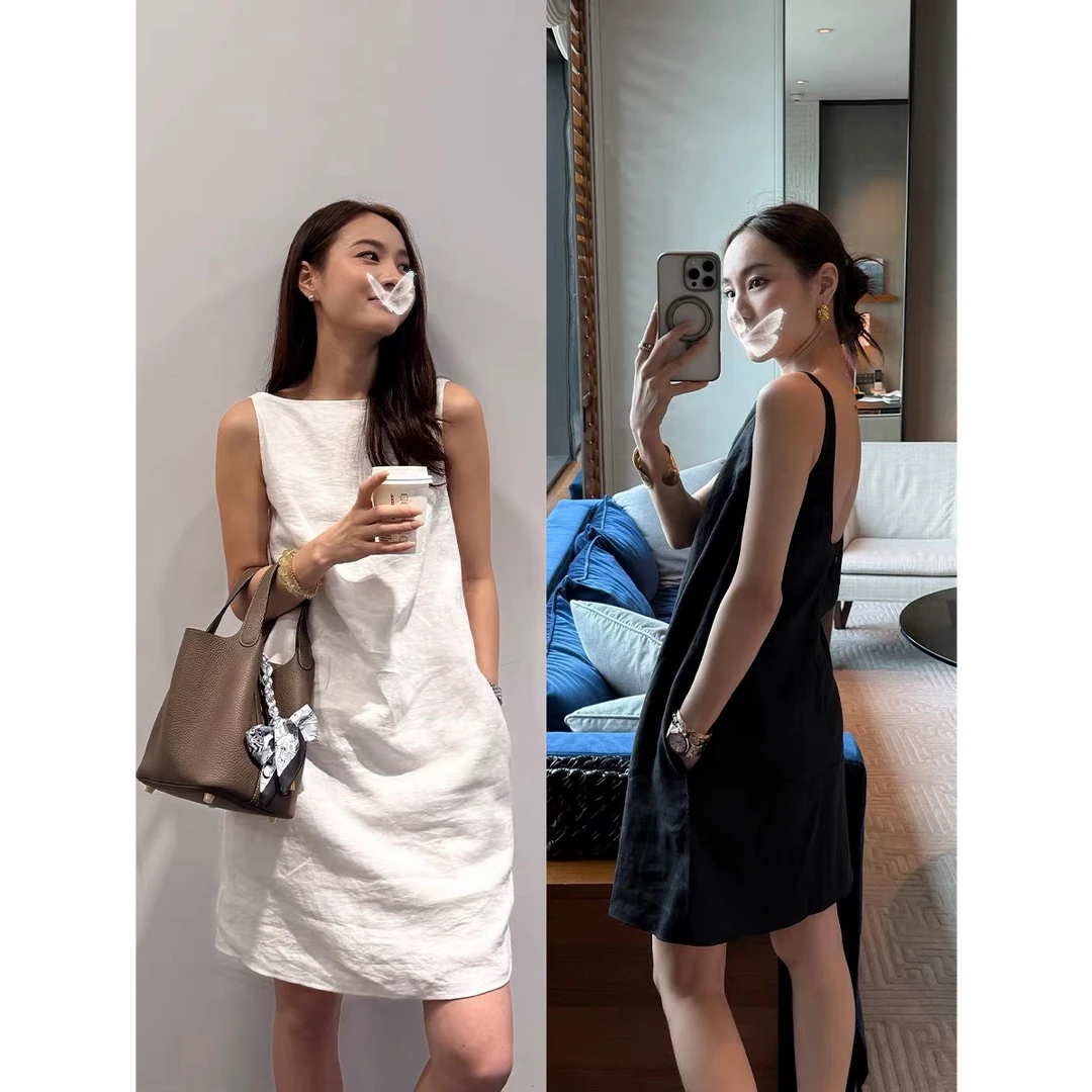 优秀的金蘑菇【法式优雅】亚麻露背U领黑色吊带连衣裙女