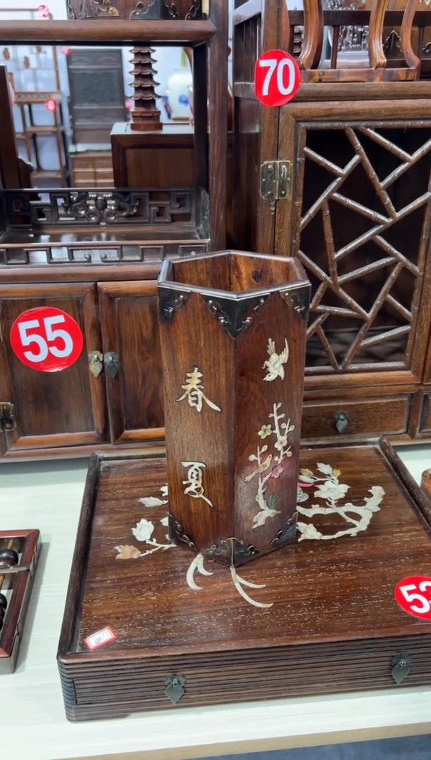 木木黄 花梨木螺钿镶嵌春夏秋冬帽筒储物桶
