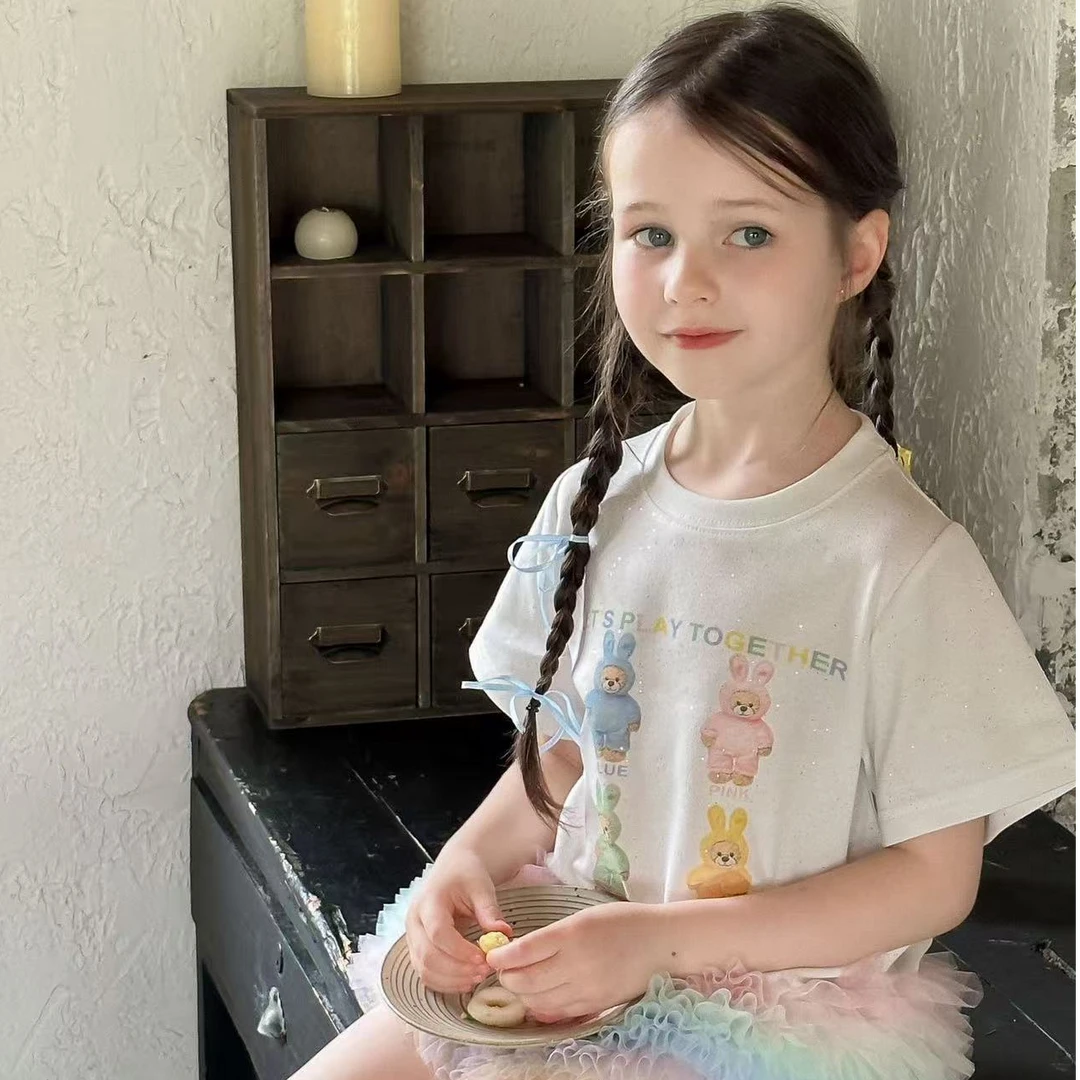 彩虹纱裙tutu裙女孩夏季新款洋气重工亮片短袖卡通印花圆领连衣裙