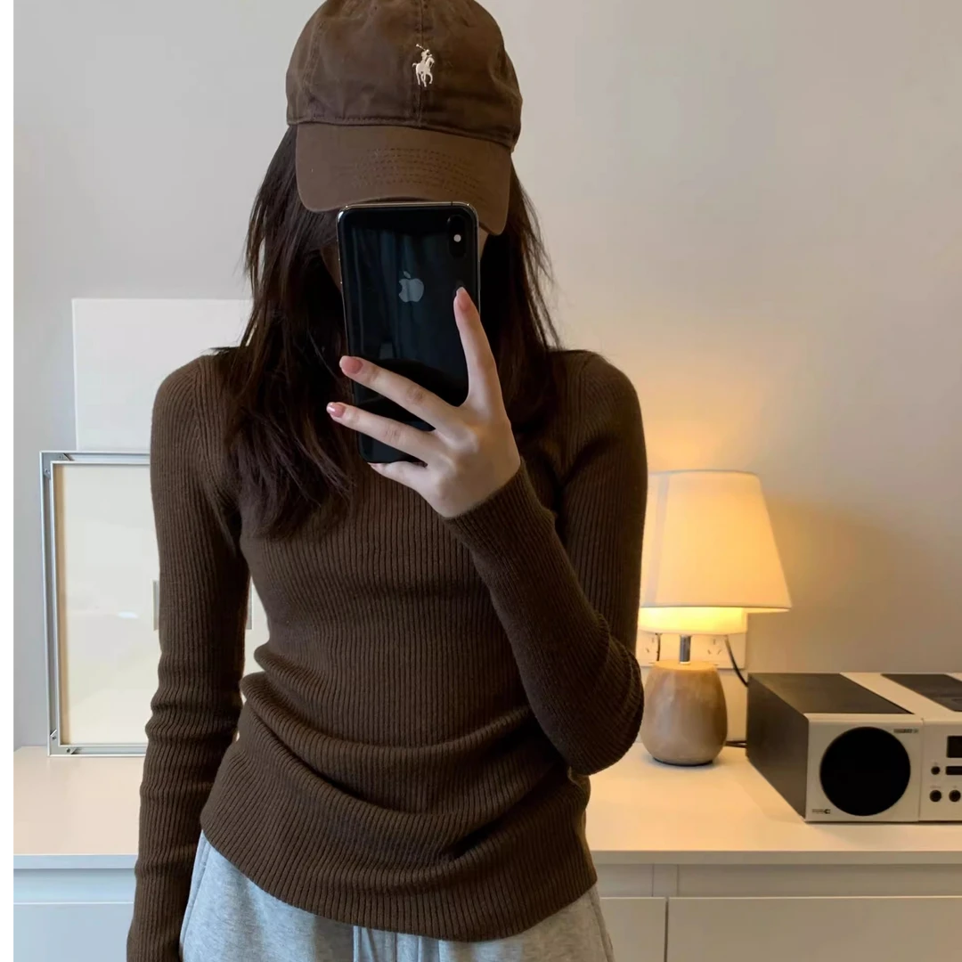高端货~打底衫女秋冬内搭打底毛衣圆领修身别致加厚咖啡色针织衫