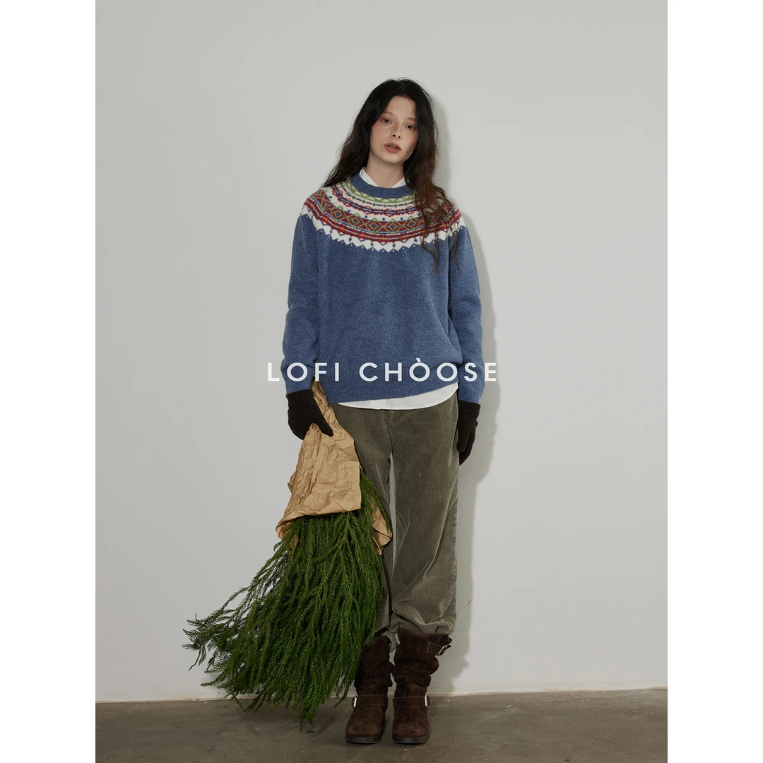 Lofi choose复古撞色费尔岛提花针织毛衣女冬季新款圆领宽松上衣