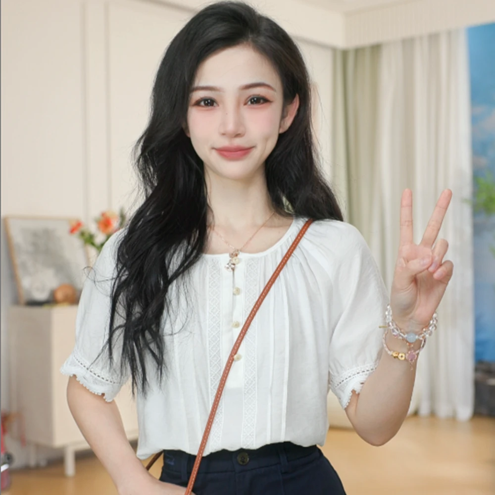 【章若楠同款衬衫】茵曼夏季法式时尚短袖衬衫百搭舒适圆领衬衣女