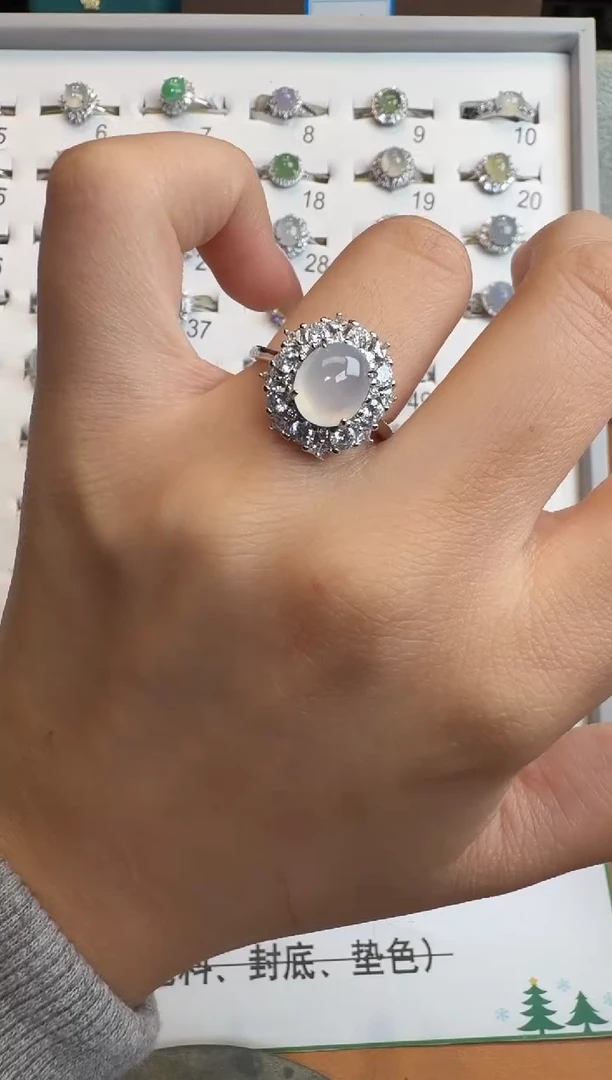 银S925镶嵌戒指翡翠通体925银镶缅甸A货翡翠戒指128