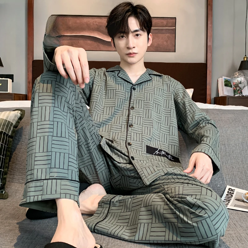 AEROMRGEN春秋季睡衣男士纯棉时尚新款四季通用高端家居服套装