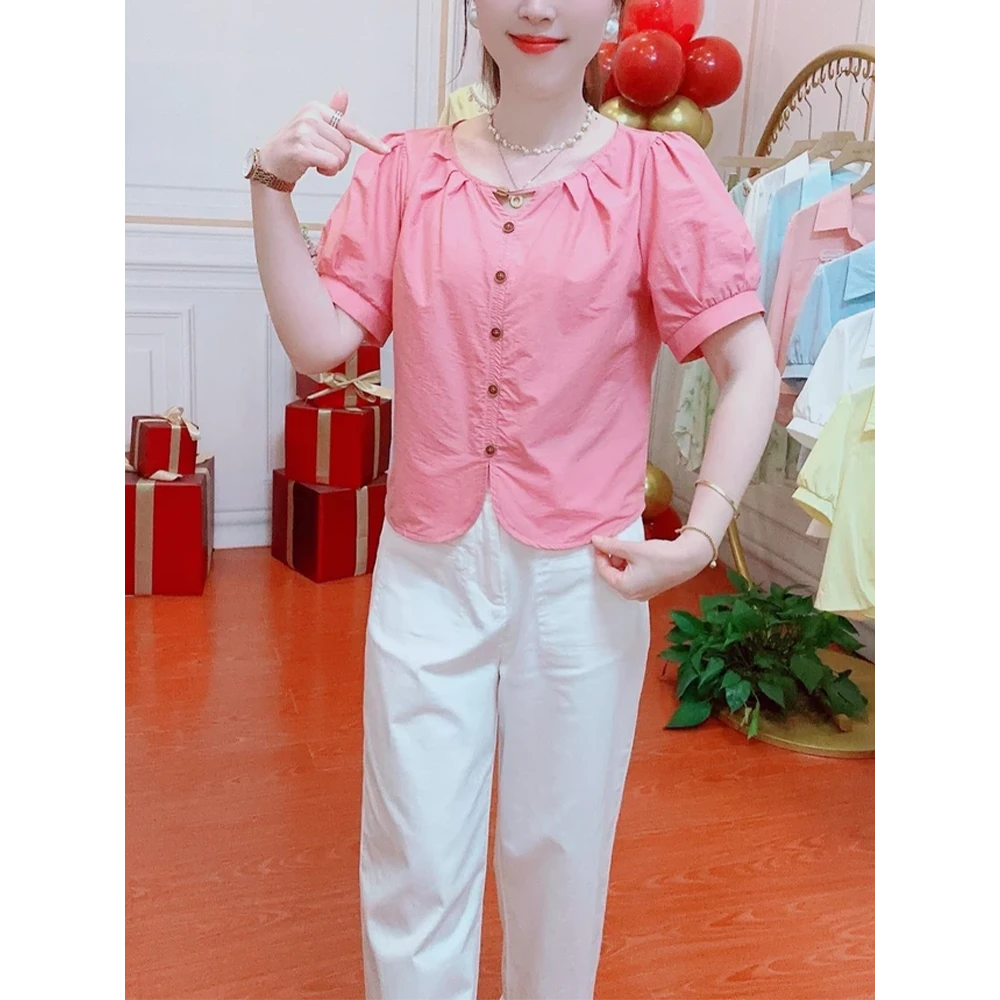 2025夏季圆领甜美时尚简约气质百搭遮肚显瘦夏季短款纯色衬衫女