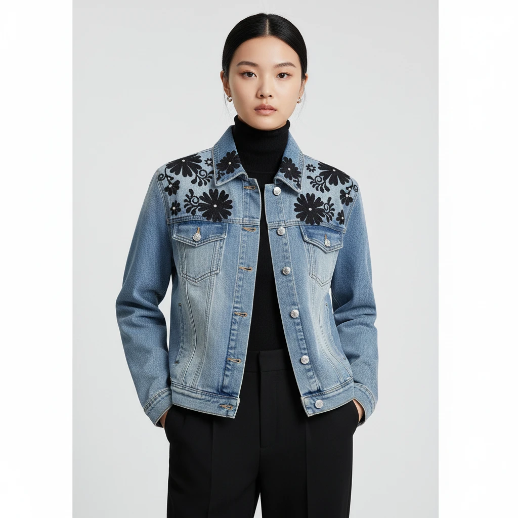2025年复古绣花蓝色时尚百搭牛仔上衣
