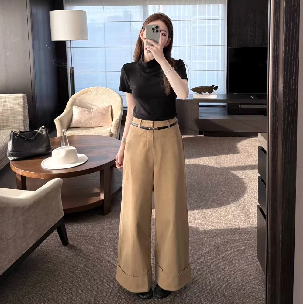 港味复古老钱风极简宽松阔腿休闲裤秋季女装高腰显瘦卷边直筒长裤