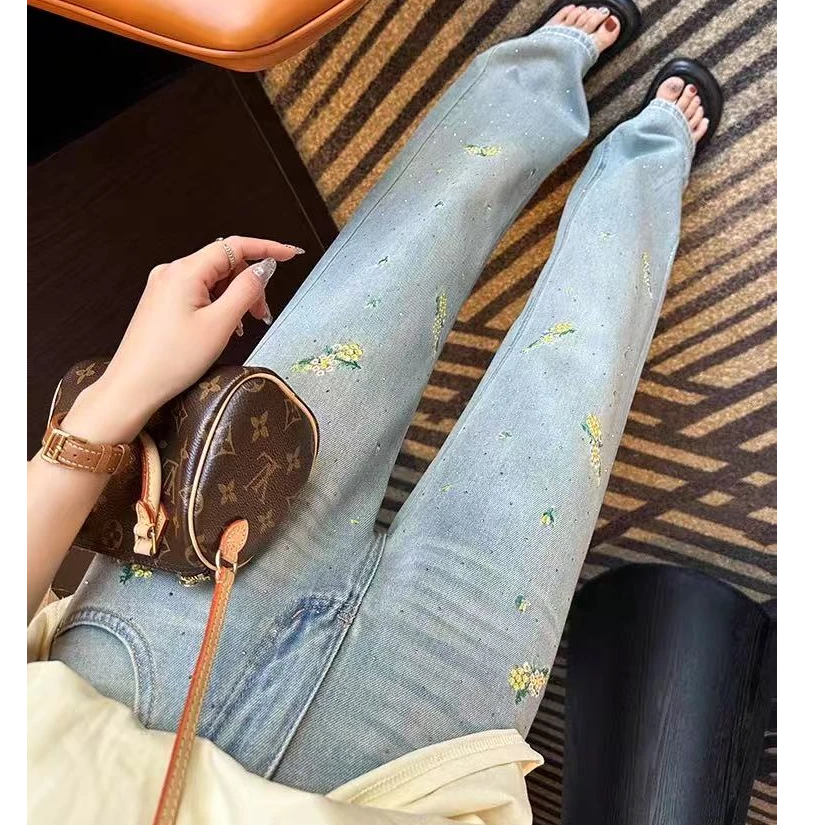 238国风高腰阔腿牛仔裤重工刺绣烫钻显瘦百搭裤子
