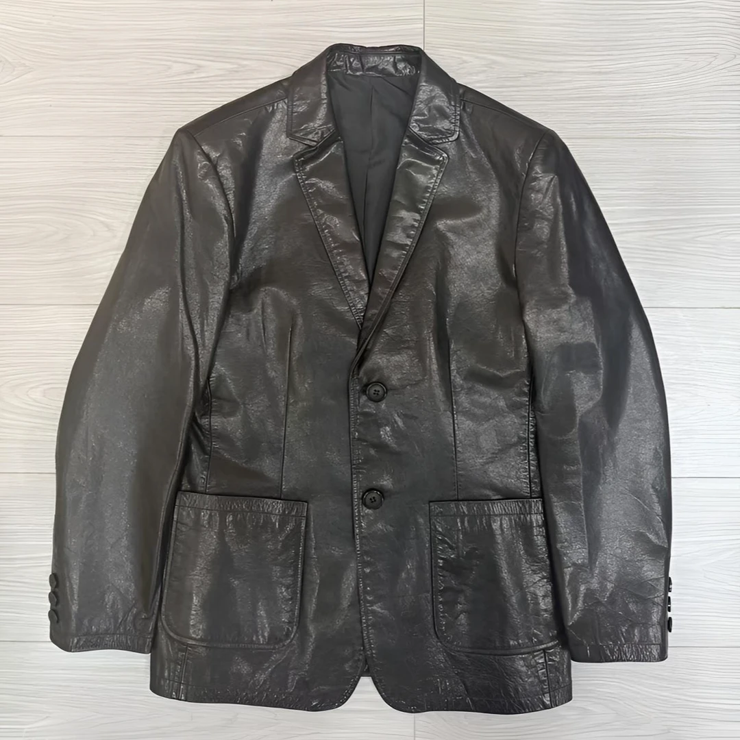 海宁新款休闲男款油蜡小牛皮真皮西装直通下摆外套春秋百搭黑色