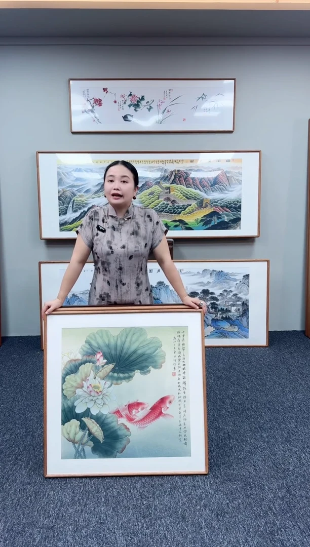国画荷花鱼80*80手写手绘作品