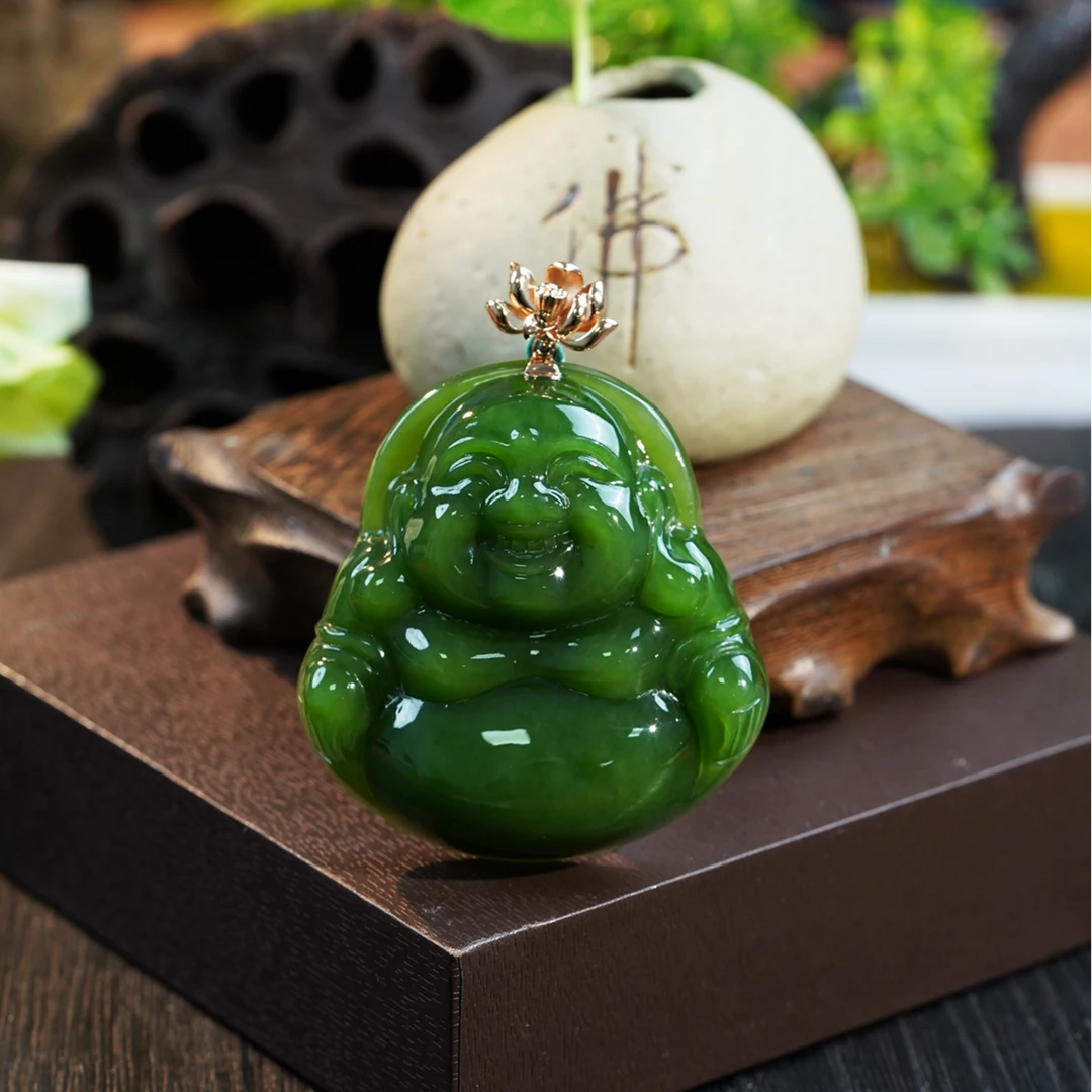 【石缘居珠宝】18K金扣头镶嵌和田玉碧玉高贵大气款佛公吊坠 C58-71