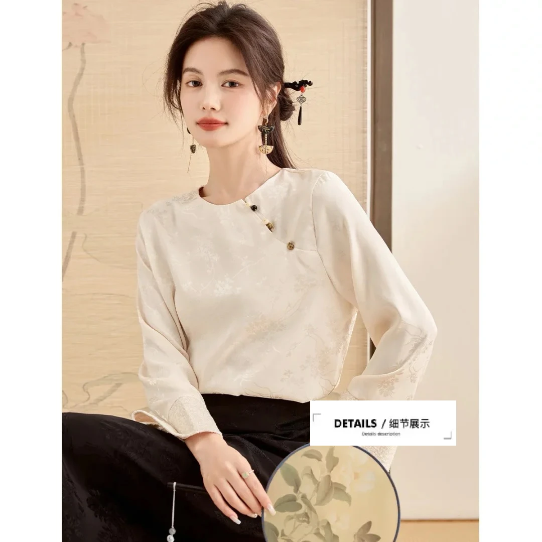 JIRUIMAN/吉瑞曼时尚国风复古气质长袖圆领印花休闲衬衫S679