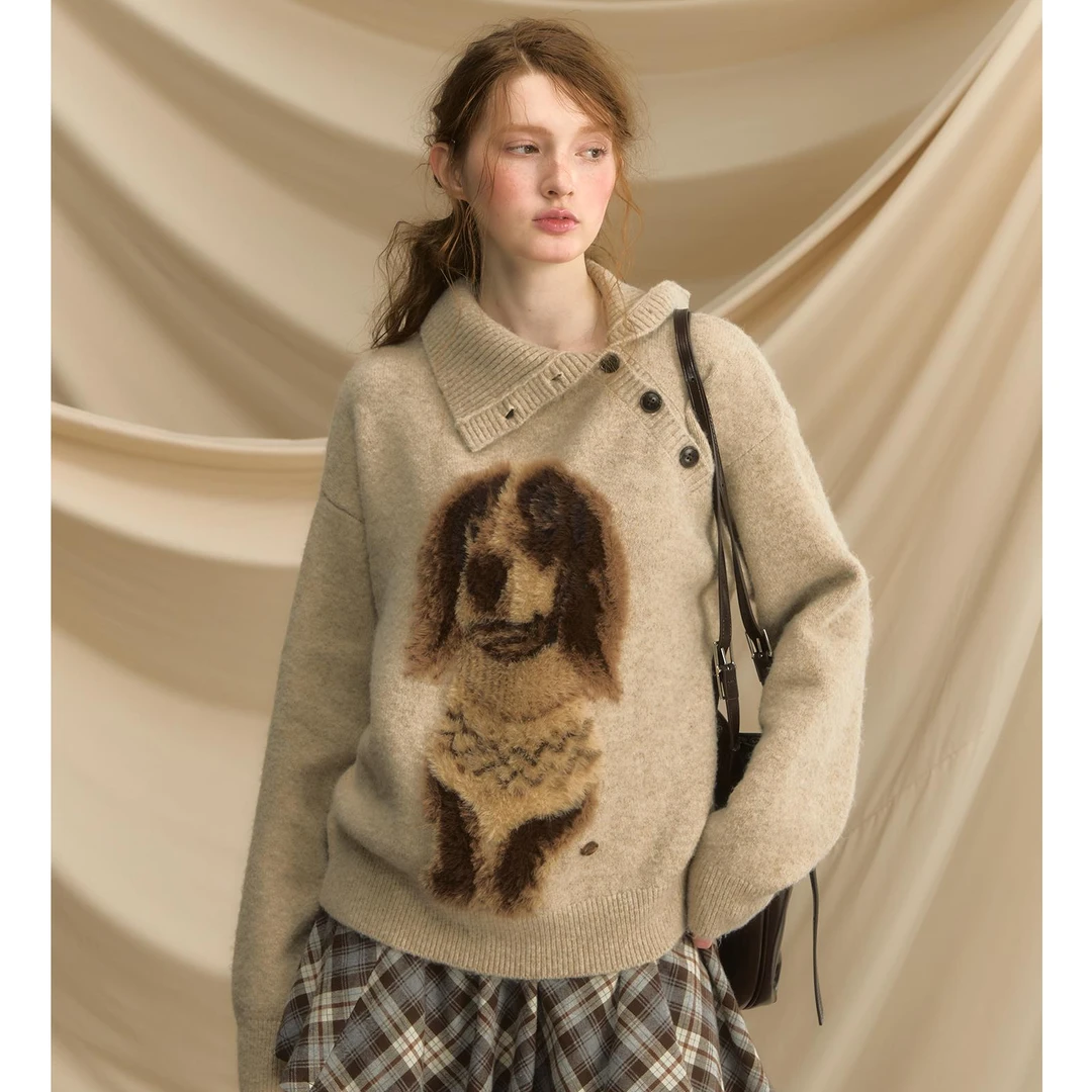 炽铂2025新款 套头毛衣女秋小狗复古宽松慵懒风外穿针织衫设计感