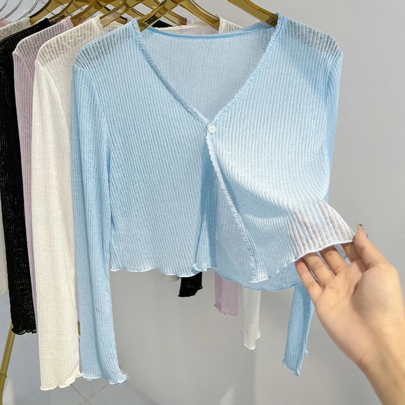蓝色外搭长袖针织罩衫夏季新款配吊带裙短款上衣女气质V领小开衫