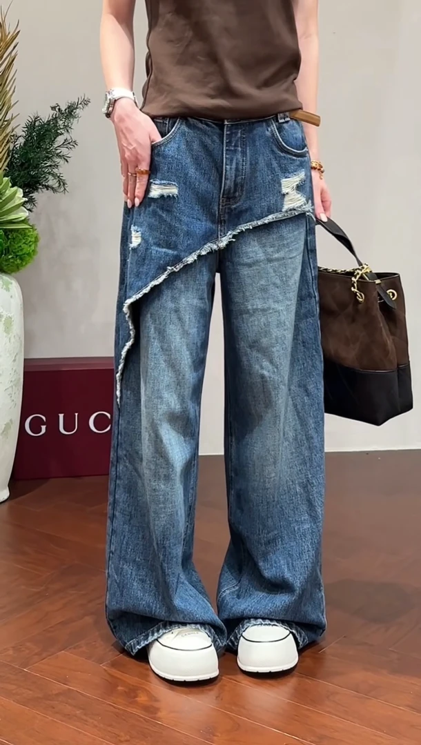 韩版2025年秋季新款女高腰显瘦时尚毛边假两件ins百搭阔腿牛仔裤