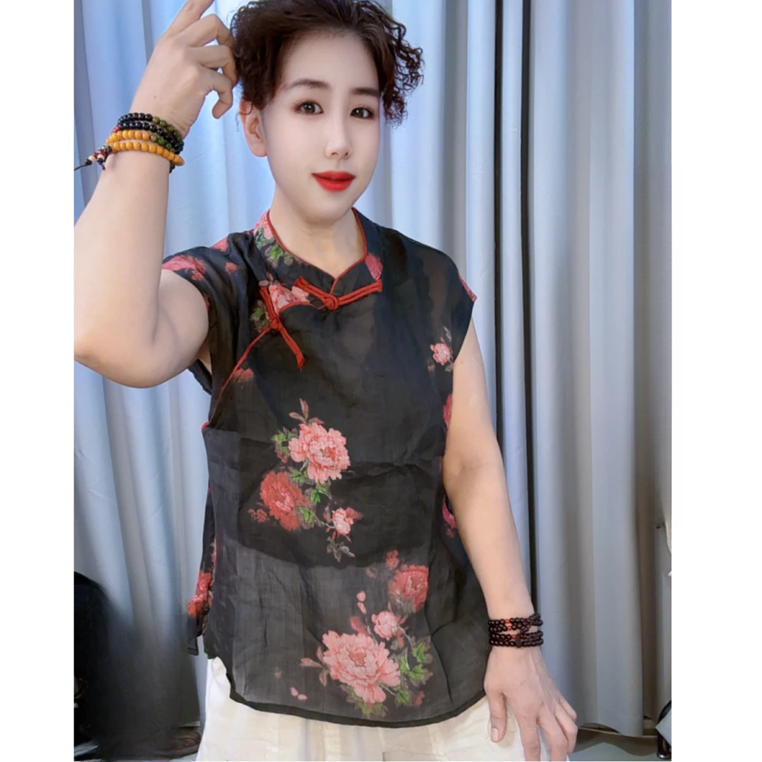 无袖仙女风3D圆领斜襟新中式衬衫显瘦印花中国风小衫