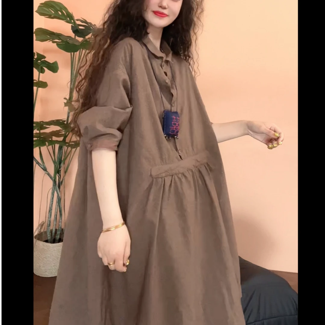 museguhui/木色古汇5058#休闲宽松复古小众气质中长款时尚连衣裙