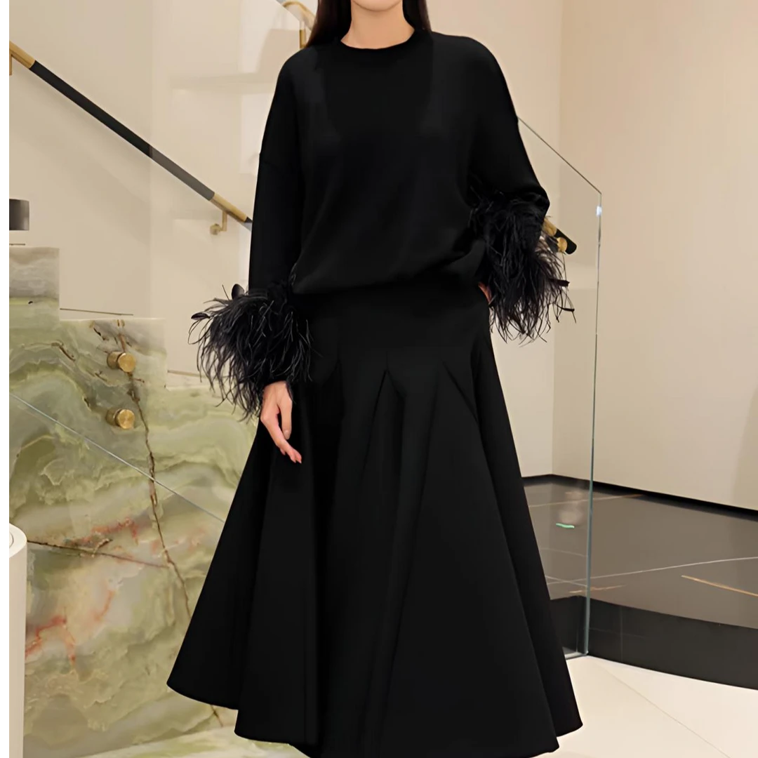 新款黑色鸵鸟毛设计百搭羊毛衫时尚气质轻奢名媛优雅巴塞罗那毛衣