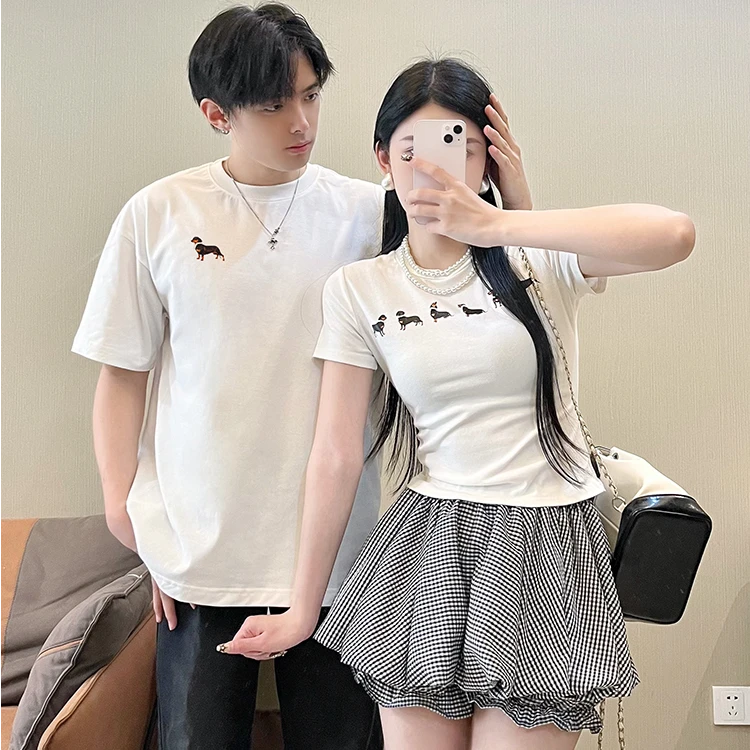 情侣装夏季小众设计感修身印花短袖T恤格子半身裙休闲一裙一衣