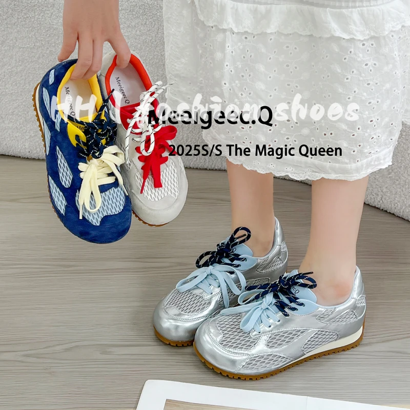 老爹鞋女夏网面真皮透气阿甘鞋2025时尚新款平底小个子休闲运动鞋