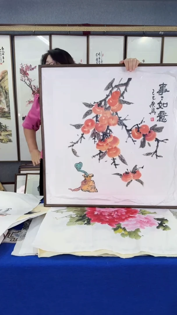 国画柿柿如意 实木画框80*80