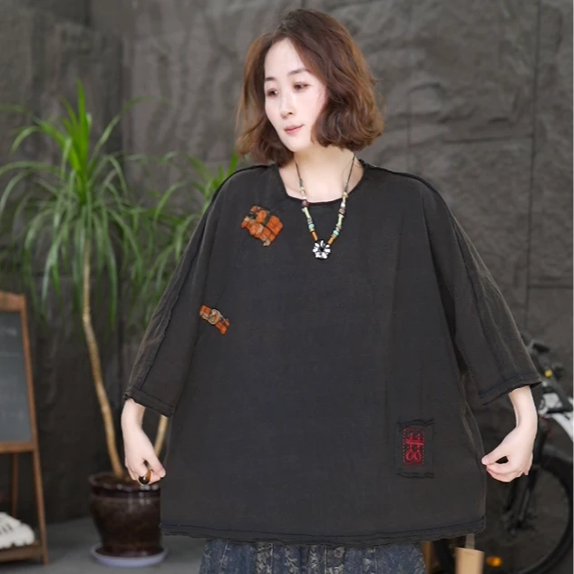 qq刺绣中袖印花中国风大码圆领国潮套头卫衣女