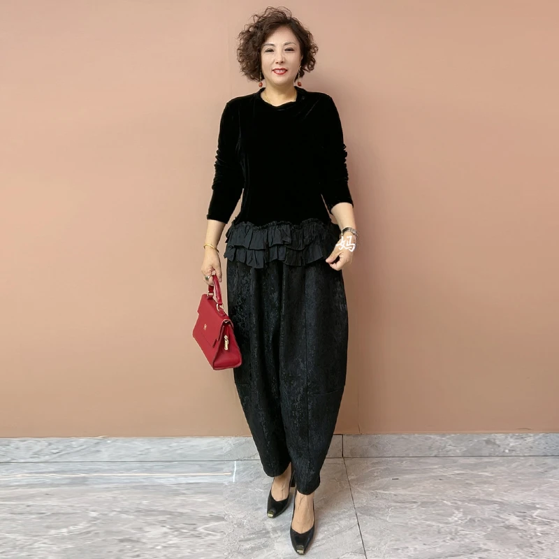 80160秋大码新中式复古丝绒显瘦裙摆上衣宽松阔腿裤减龄两件套装